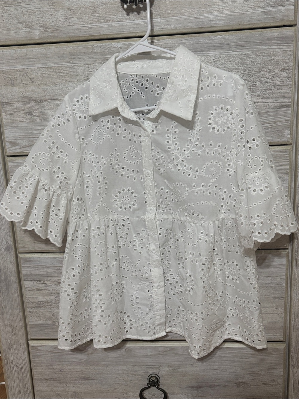White Eyelet Button-Front Peplum Blouse - Women